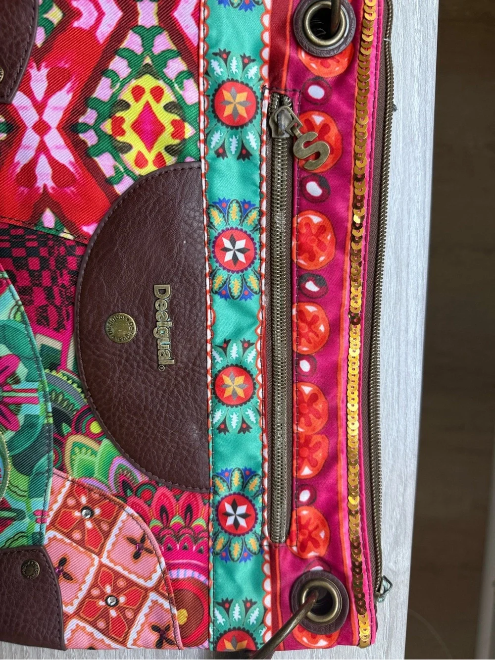 Desigual Multicolor Floral Geo Patch Crossbody with Brown Trim - Picture 17 of 17